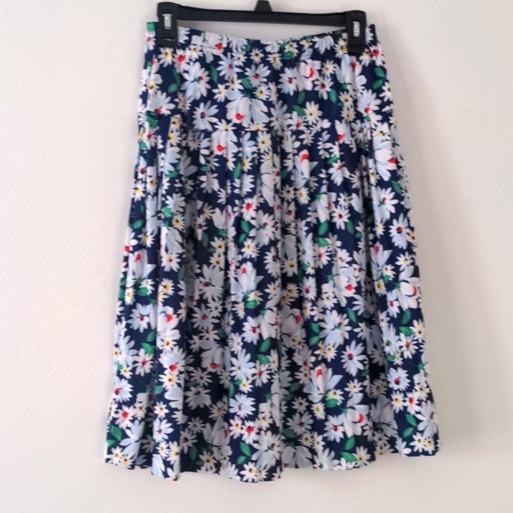 Vintage Hand Made Polyester Blue Floral Daisy Pleated Circle Full Skirt Midi S